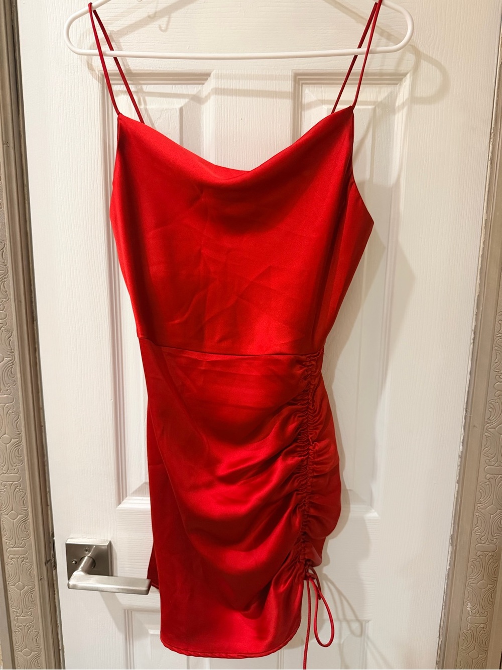 Zara Red Satin Cowl Slip Dress with Side Drawstring